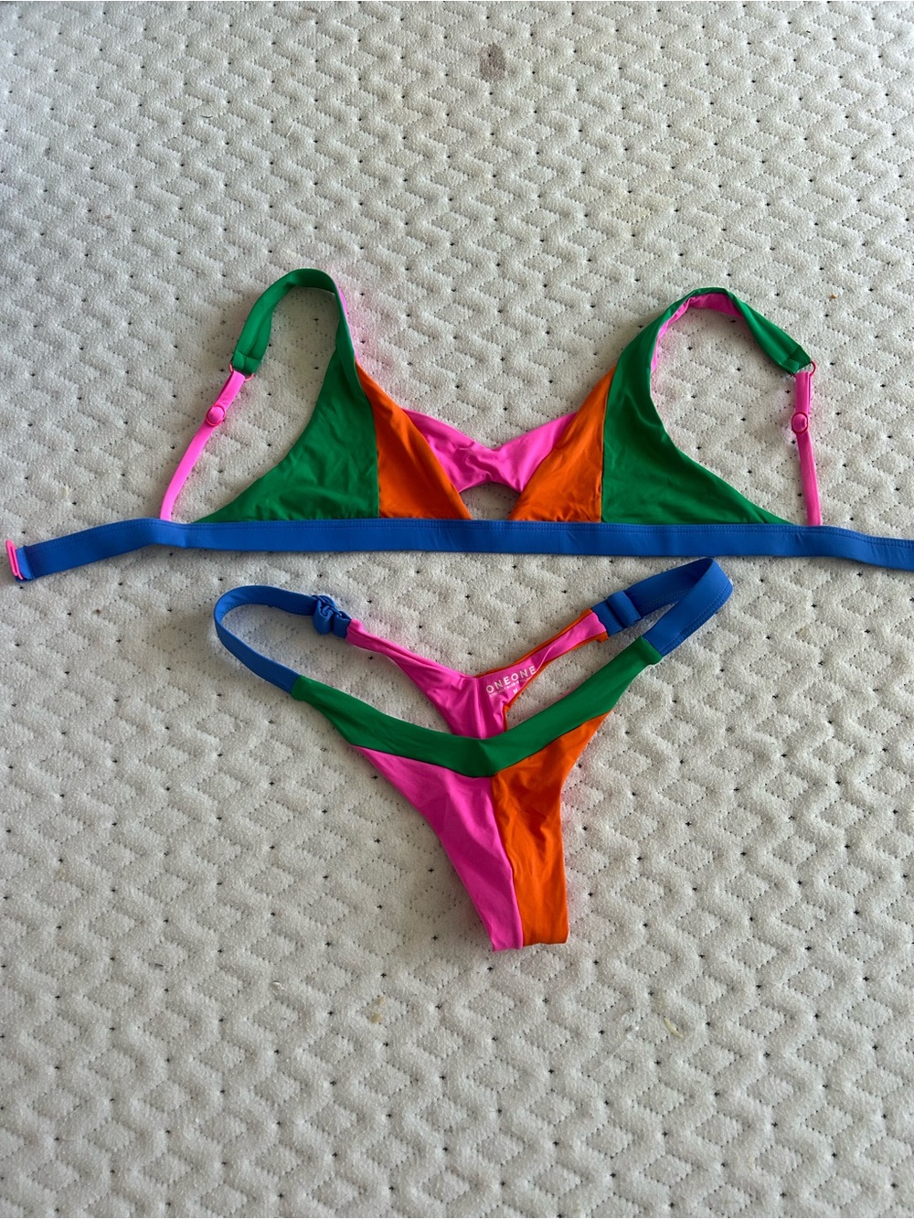 ONEONE swim Colorblock Triangle Thing Bikini Set - Pink Green Orange